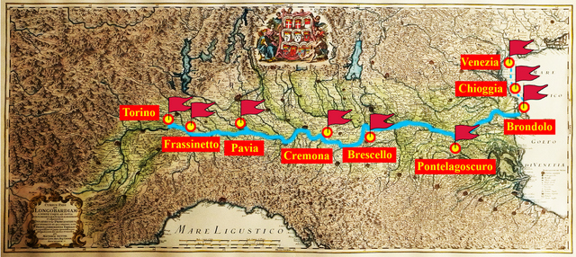 Il percorso compiuto dalla peota nel 1731 da Venezia a Torino